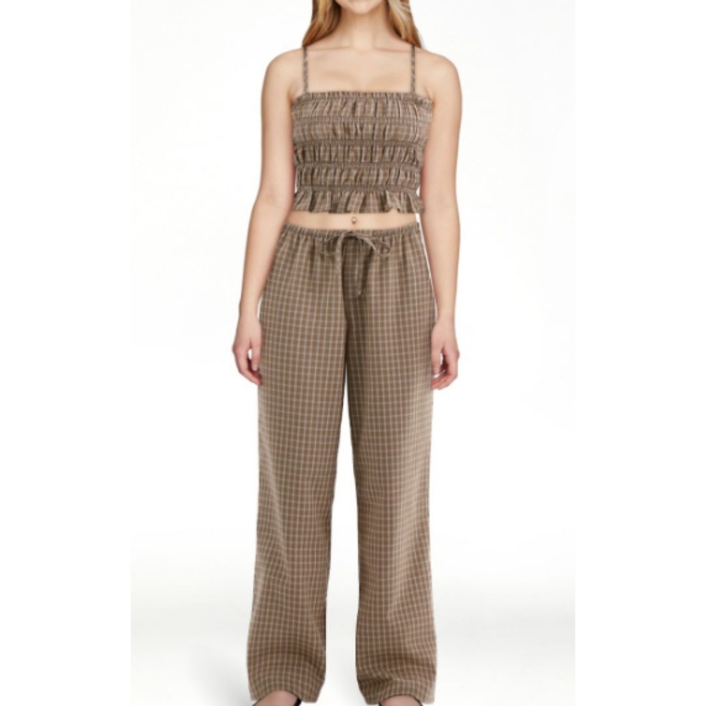 Plaid Seersucker Smocked Cami Top and Pants Set